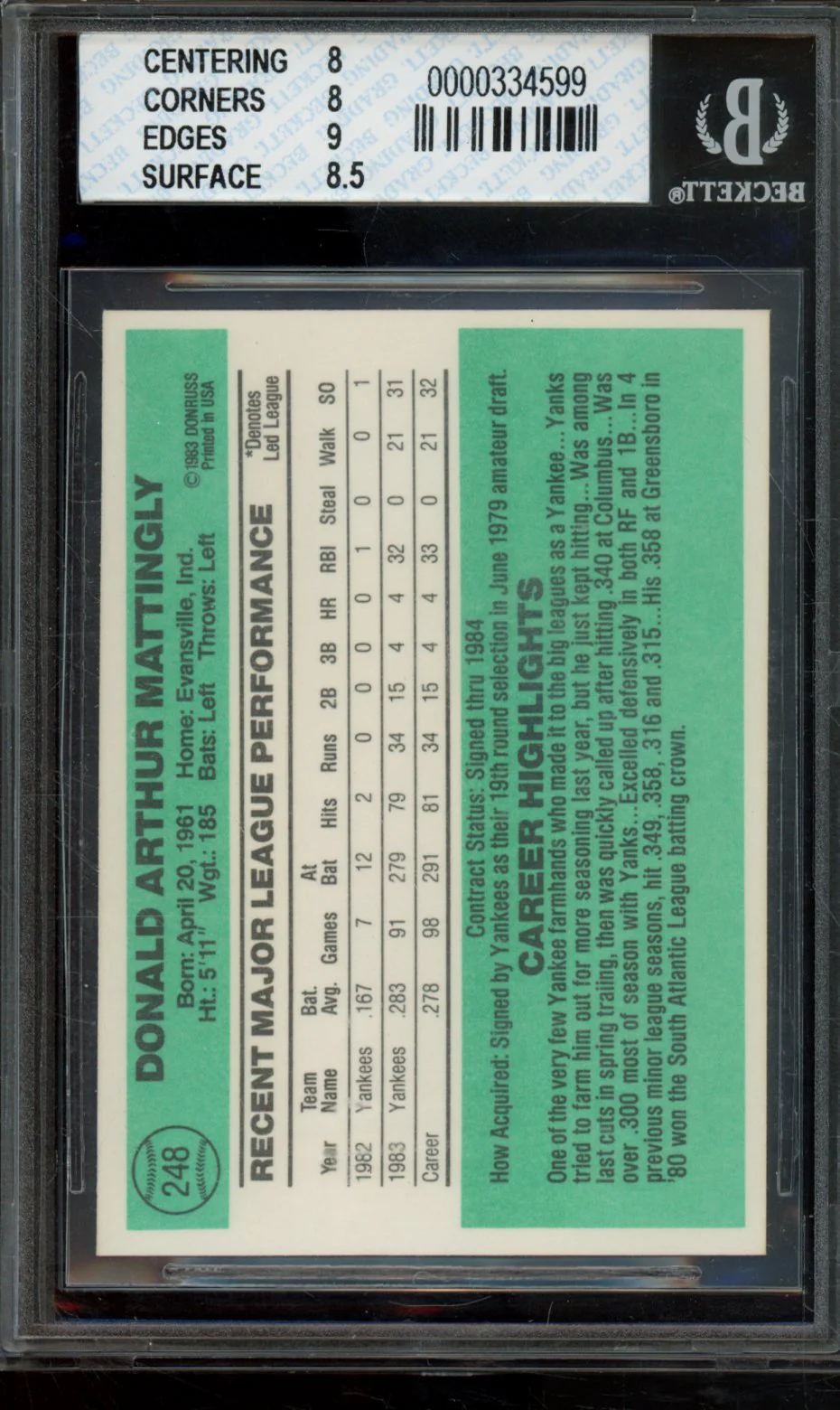 DON MATTINGLY 1984 DONRUSS BGS 8 - Image 2