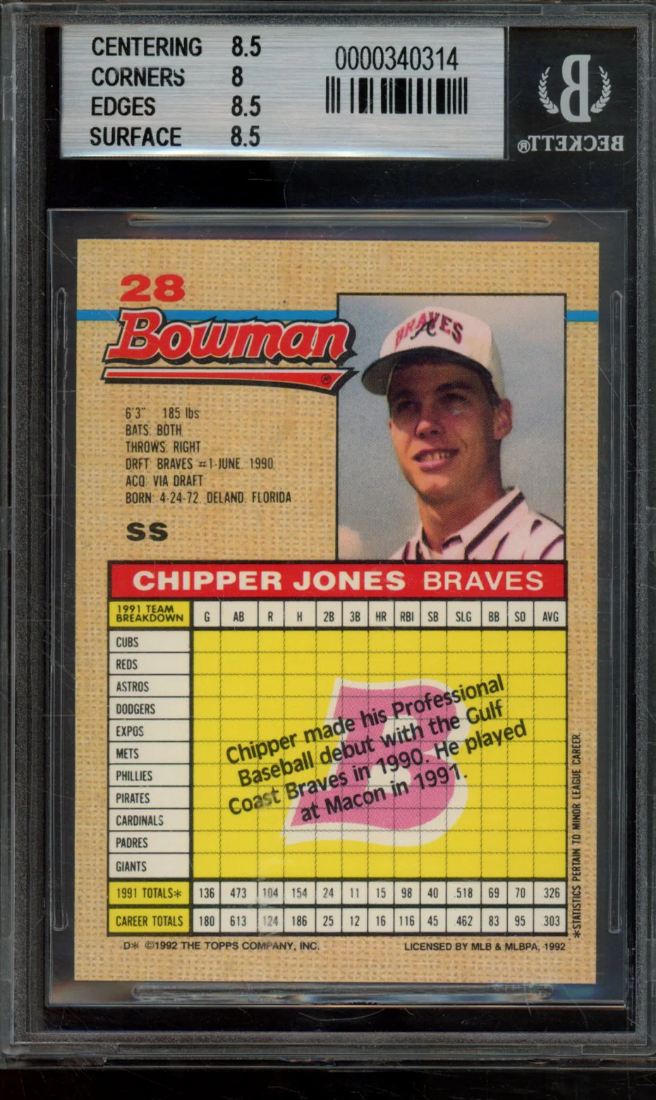 CHIPPER JONES 1992 BOWMAN BGS 8.5 - Image 2