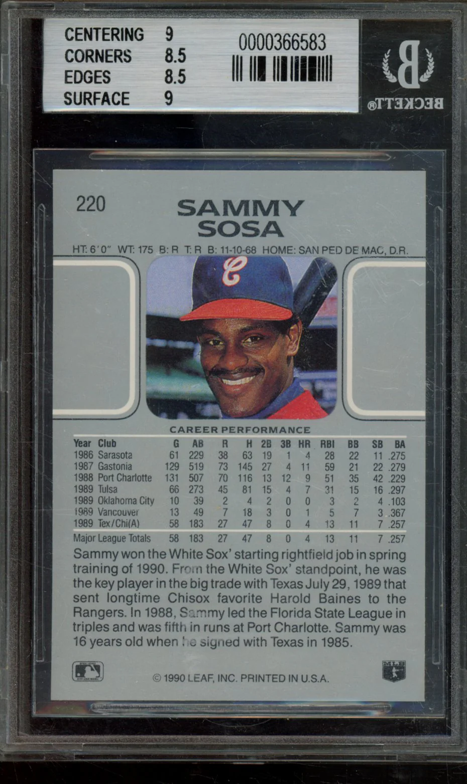 SAMMY SOSA 1990 LEAF BGS 8.5 - Image 2