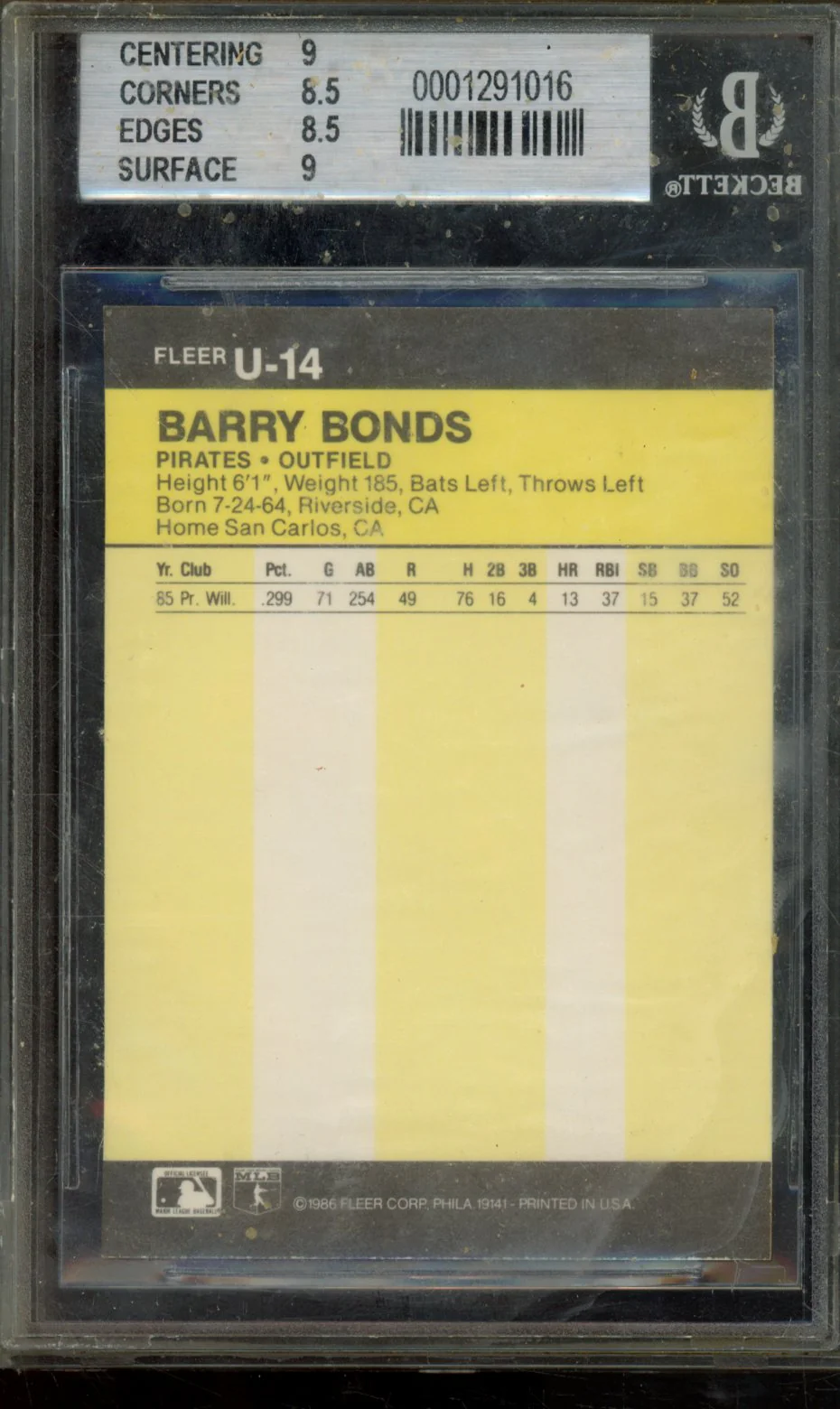 BARRY BONDS 1986 FLEER UPDATE BGS 8.5 - Image 2