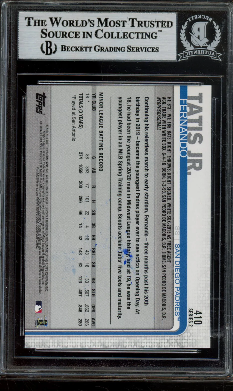 FERNANDO TATIS JR. RC 2019 TOPPS BGS AUTHENTIC - Image 2