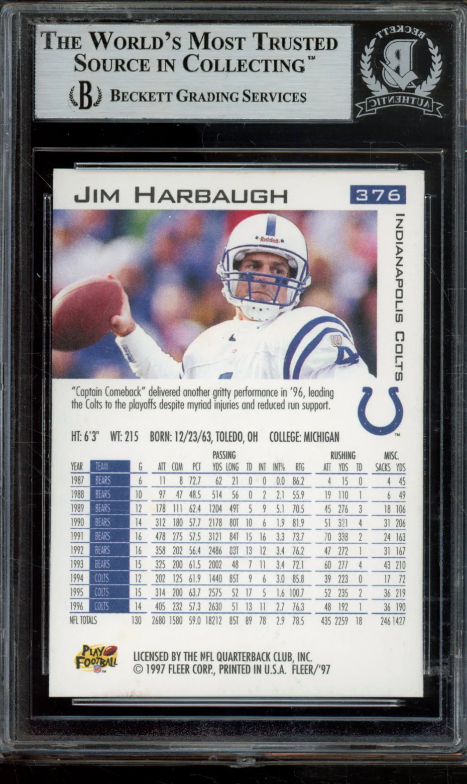 JIM HARBAUGH 1997 FLEER BGS AUTHENTIC - Image 2