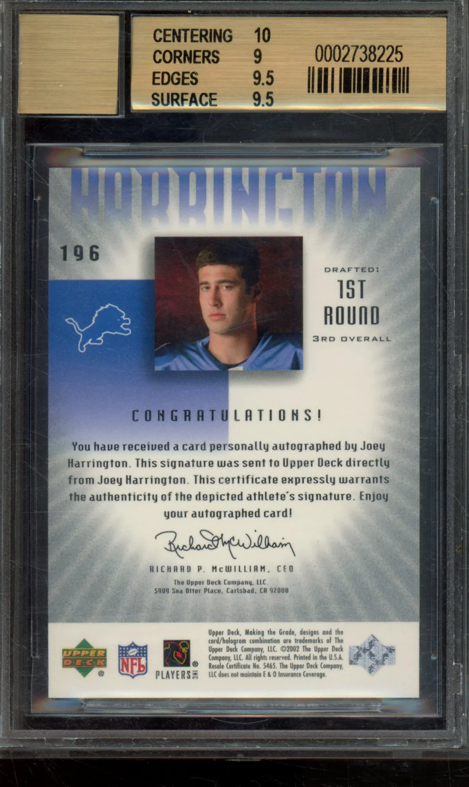 JOEY HARRINGTON P AU 2002 UD GRADED BGS 9.5 - Image 2