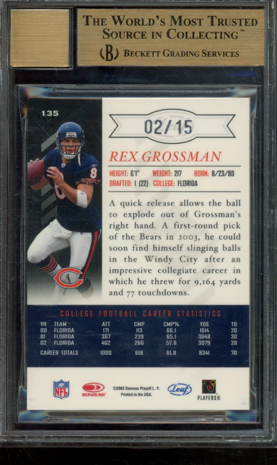 REX GROSSMAN AU 2003 LEAF LIMITED SILVER SPOTLIGHT BGS 9.5 - Image 2