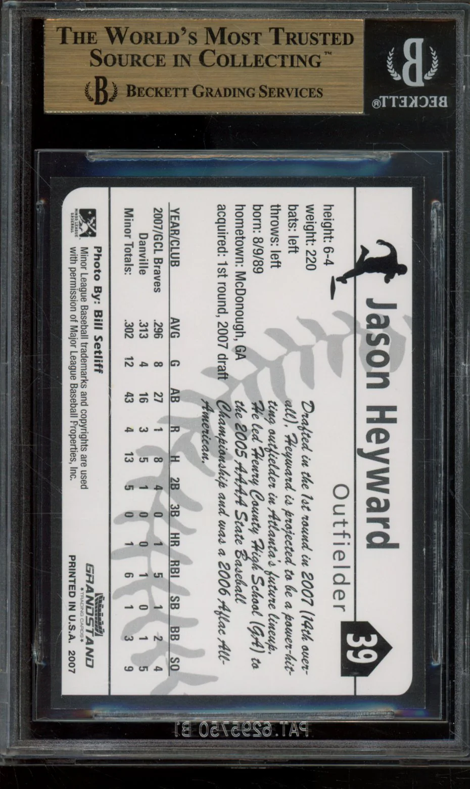 JASON HEYWARD 2007 DANVILLE BRAVES UPDATE GRANDSTAND BGS 9.5 - Image 2