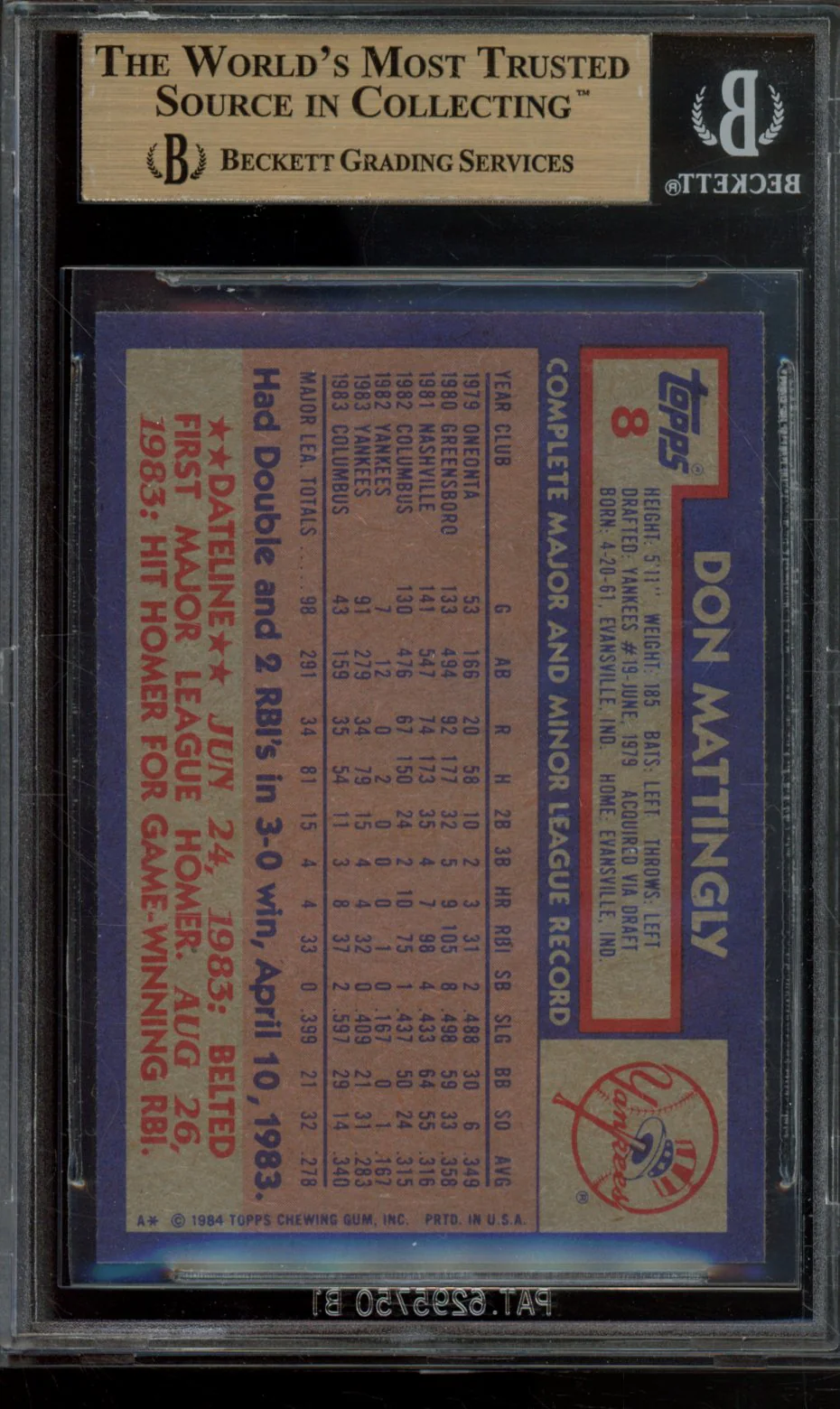 DON MATTINGLY RC 1984 TOPPS BGS 9.5 - Image 2