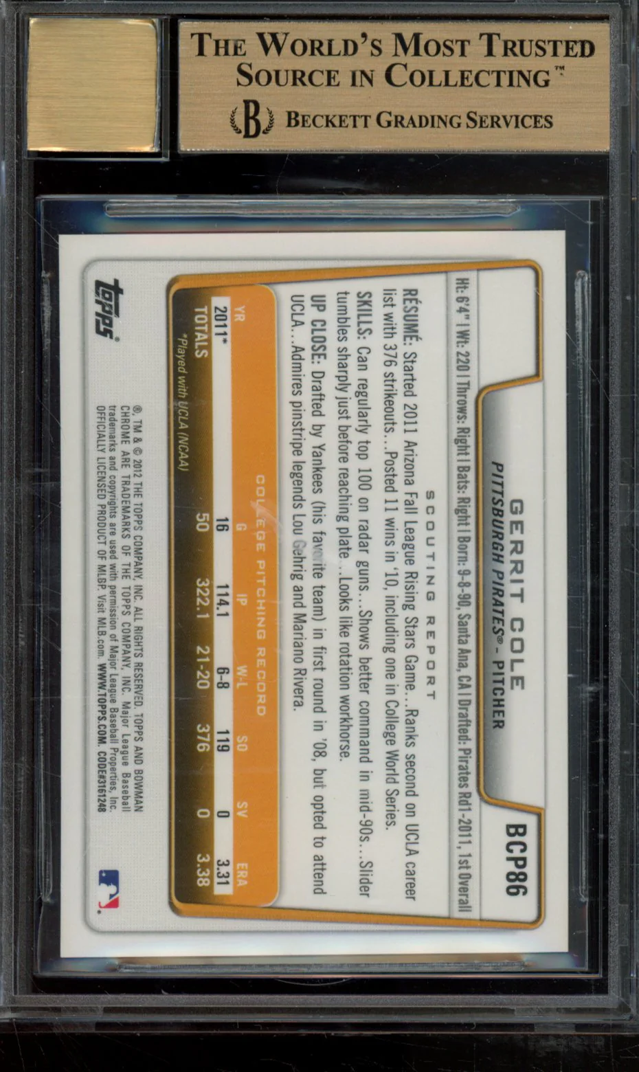 GERRIT COLE 2012 BOWMAN CHROME PROSPECT AUTOGRAPHS BGS 9.5 - Image 2
