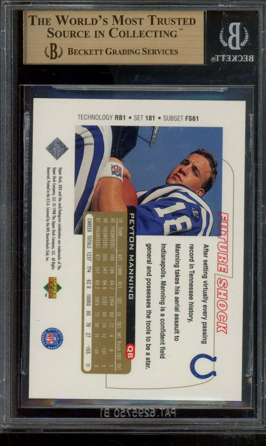 PEYTON MANNING FR RC 1998 UD3 BGS 9.5 - Image 2