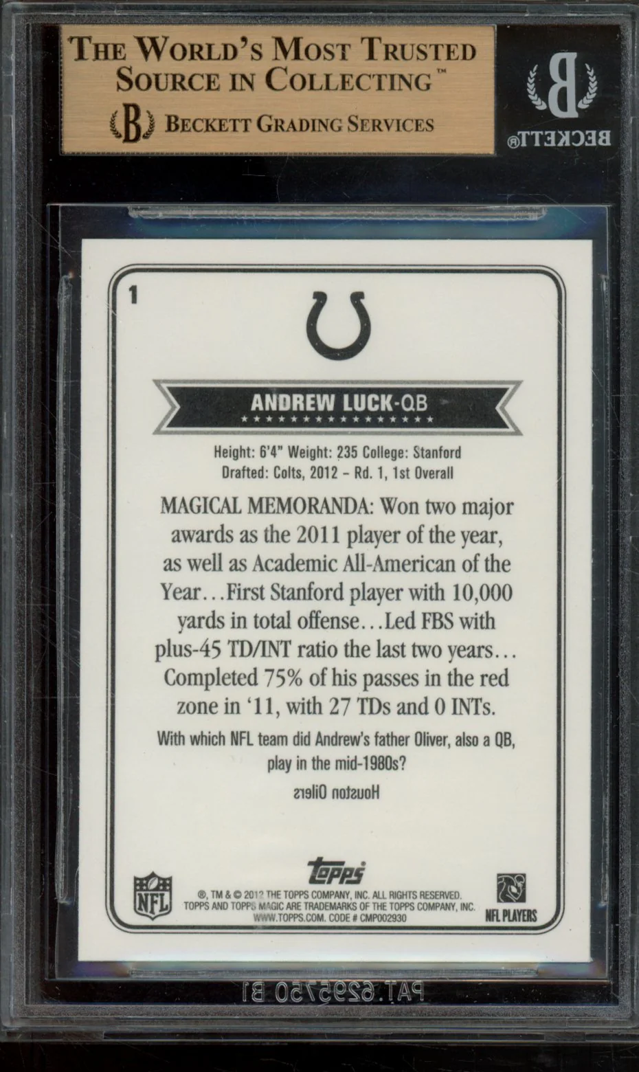 ANDREW LUCK RC 2012 TOPPS MAGIC BGS 9.5 - Image 2