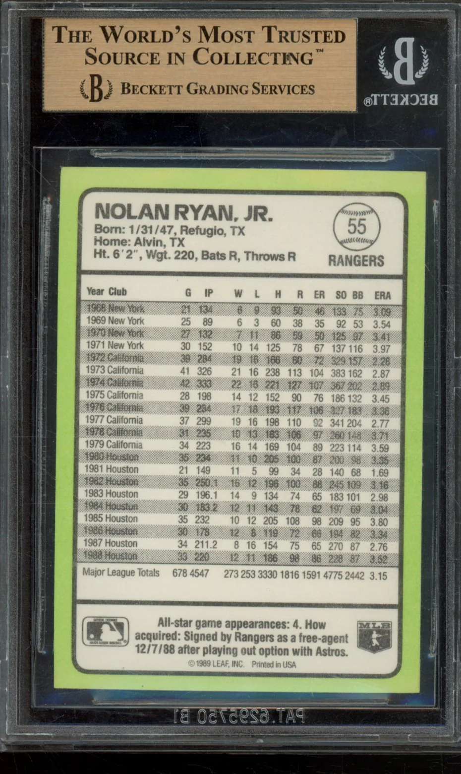 NOLAN RYAN 1989 DONRUSS BASEBALL'S BEST BGS 9.5 - Image 2