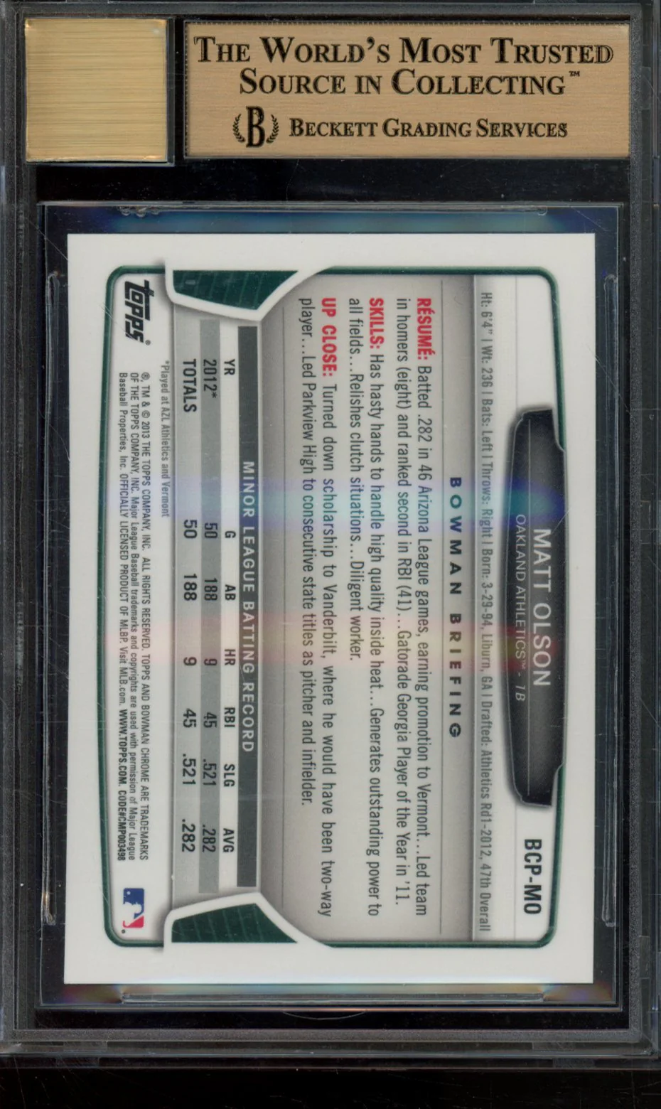 MATT OLSON 2013 BOWMAN CHROME PROSPECT AUTOGRAPHS BGS 10 - Image 2