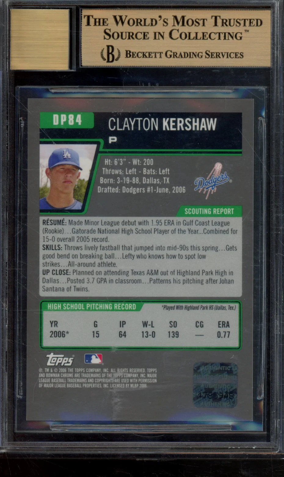 CLAYTON KERSHAW AU 2006 BOWMAN CHROME DRAFT DRAFT PICKS BGS 9.5 - Image 2