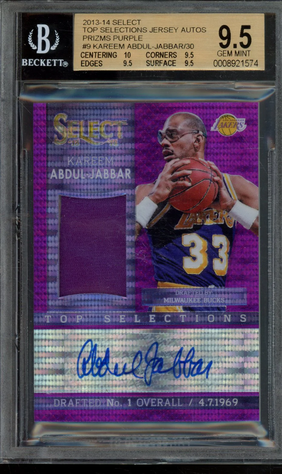 KAREEM ABDUL-JABBAR/30 2013-14 SELECT TOP SELECTIONS JERSEY AUTOGRAPHS PRIZMS PURPLE BGS 9.5