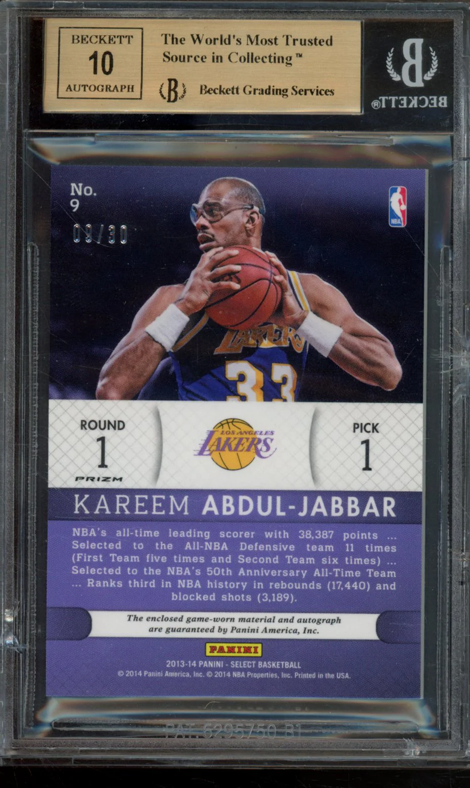 KAREEM ABDUL-JABBAR/30 2013-14 SELECT TOP SELECTIONS JERSEY AUTOGRAPHS PRIZMS PURPLE BGS 9.5 - Image 2
