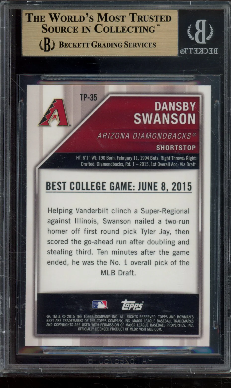 DANSBY SWANSON 2015 BOWMAN'S BEST TOP PROSPECTS BGS 9.5 - Image 2
