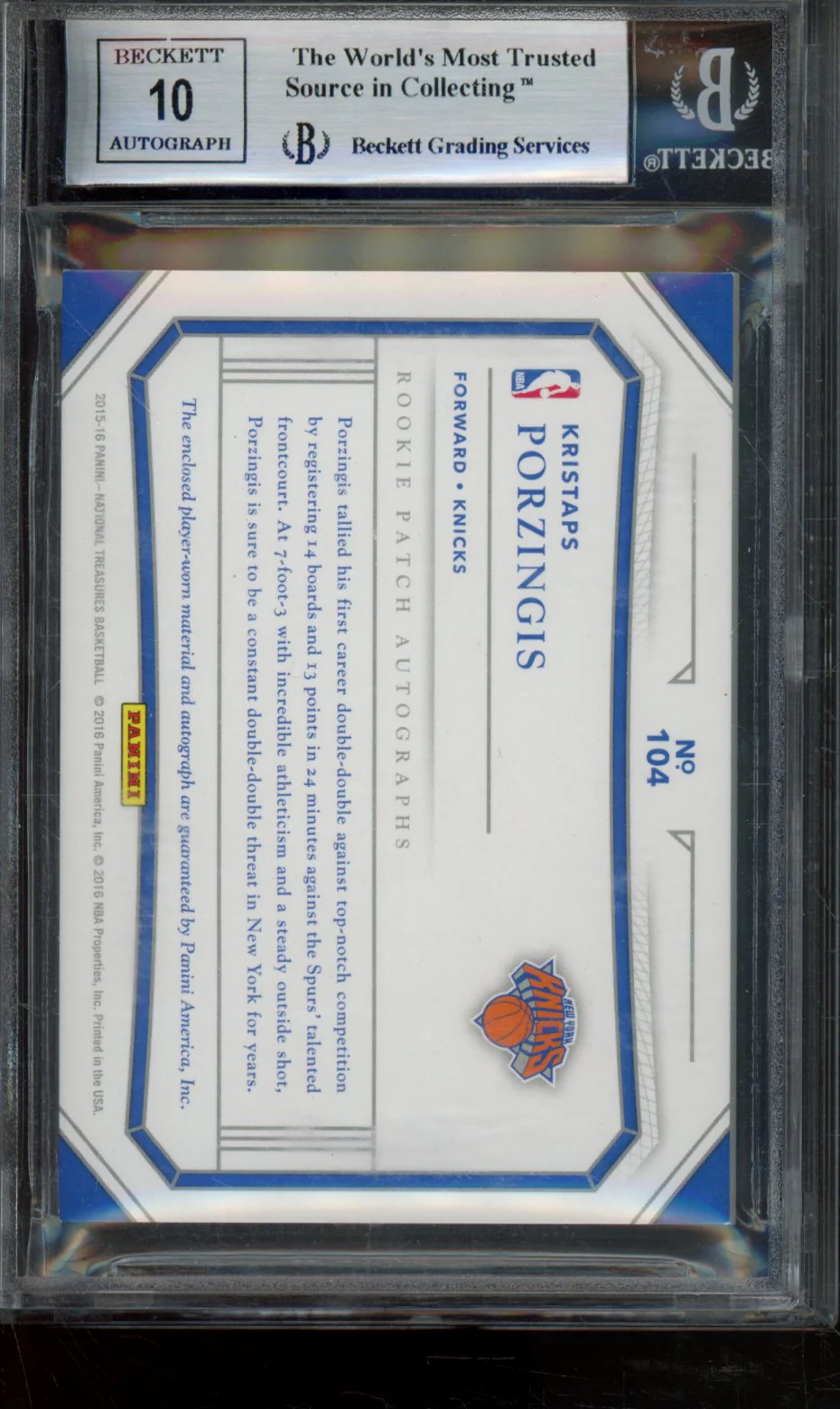 KRISTAPS PORZINGIS JSY AU/99 RC 2015-16 PANINI NATIONAL TREASURES BGS 9 - Image 2