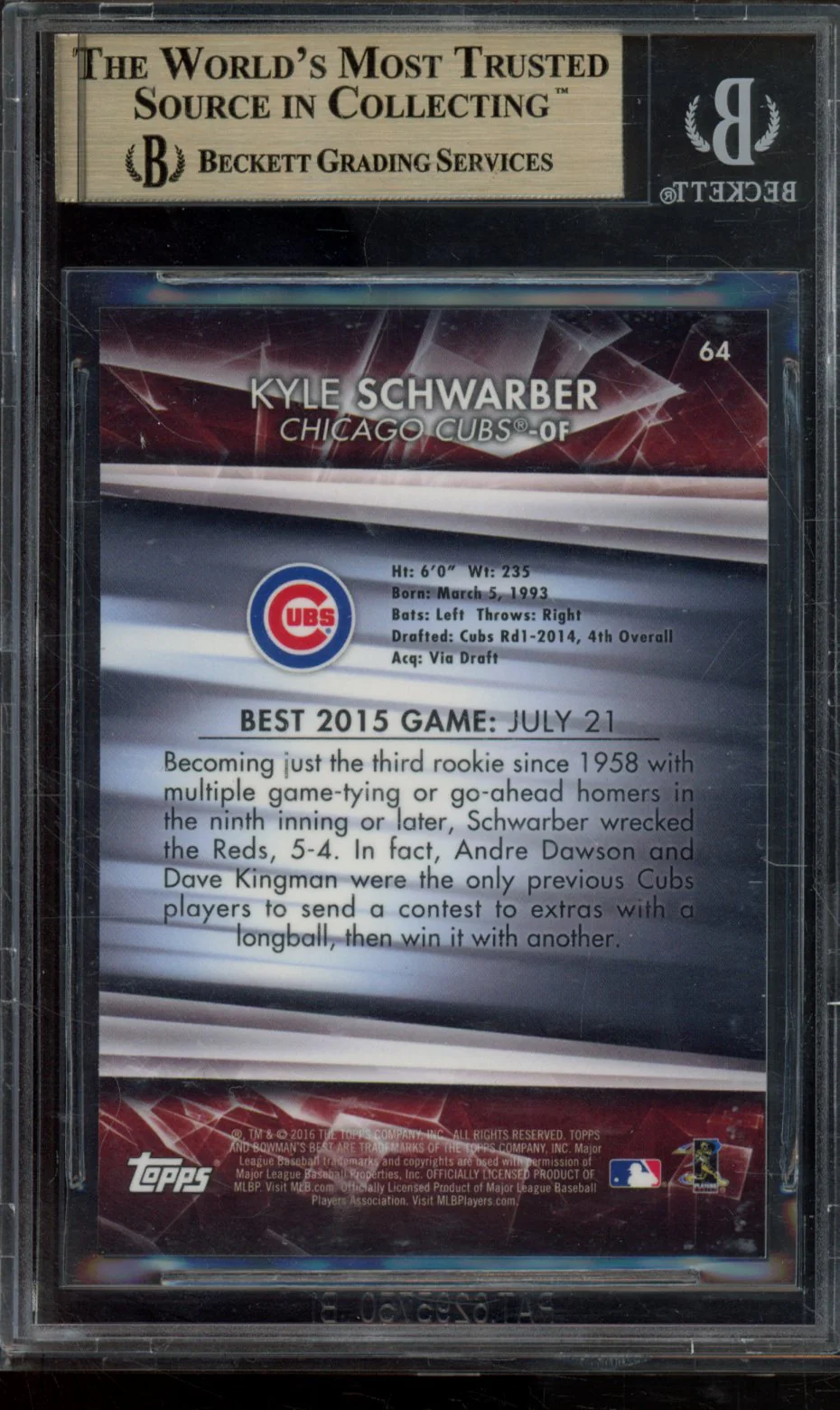 KYLE SCHWARBER 2016 BOWMAN'S BEST GOLD REFRACTORS BGS 9.5 - Image 2