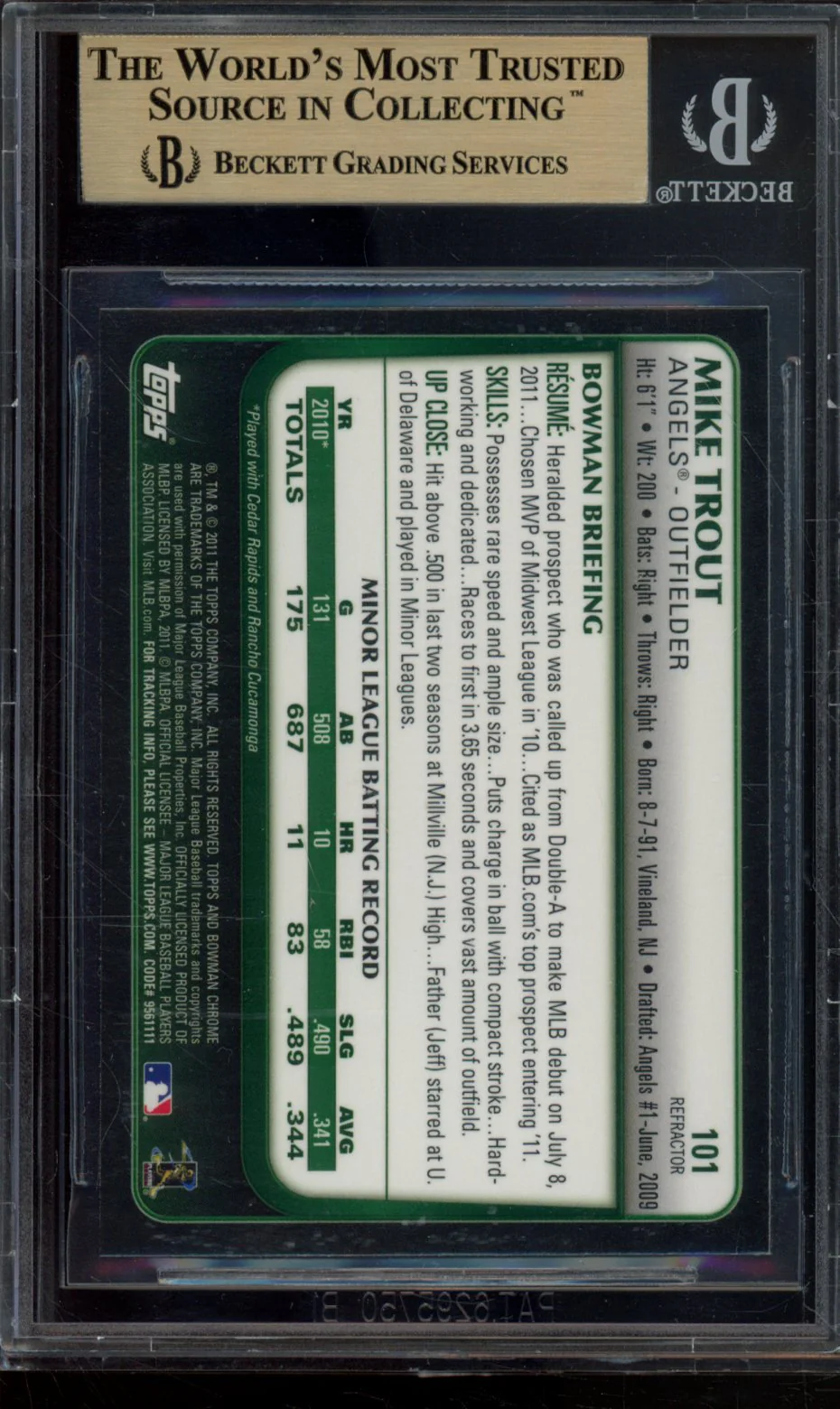 MIKE TROUT 2011 BOWMAN CHROME DRAFT REFRACTORS BGS 9.5 - Image 2