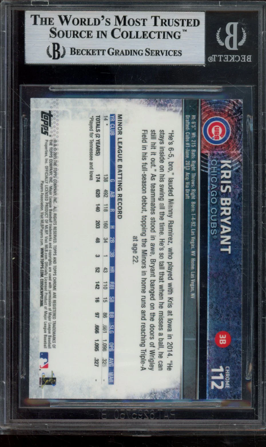 KRIS BRYANT RC 2015 TOPPS CHROME BGS 9 - Image 2