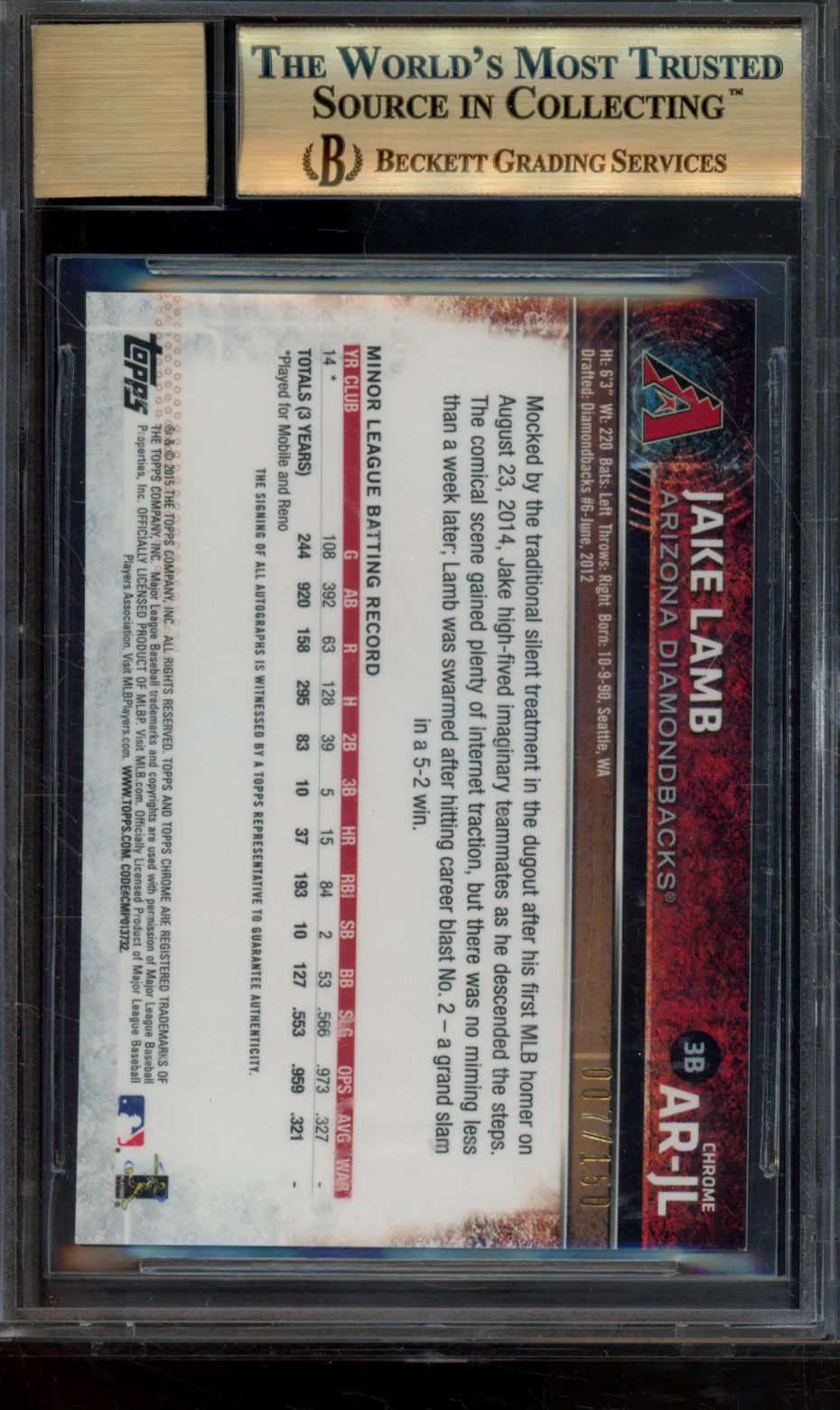 JAKE LAMB 2015 TOPPS CHROME ROOKIE AUTOGRAPHS BLUE REFRACTORS BGS 9.5 - Image 2