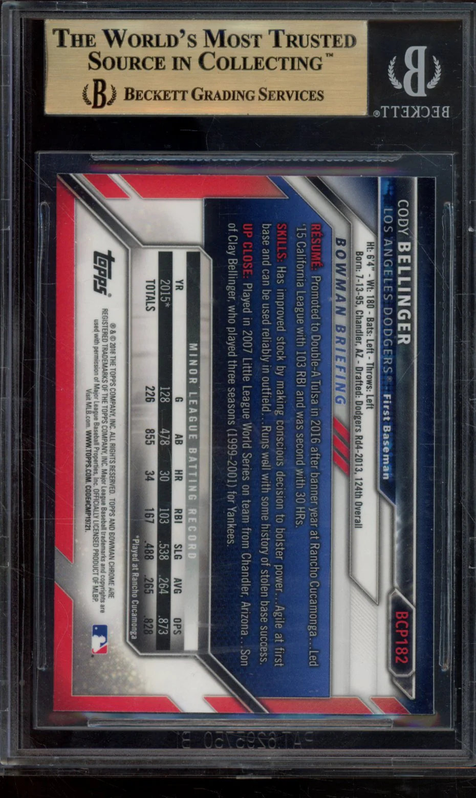 CODY BELLINGER 2016 BOWMAN CHROME PROSPECTS BGS 9.5 - Image 2