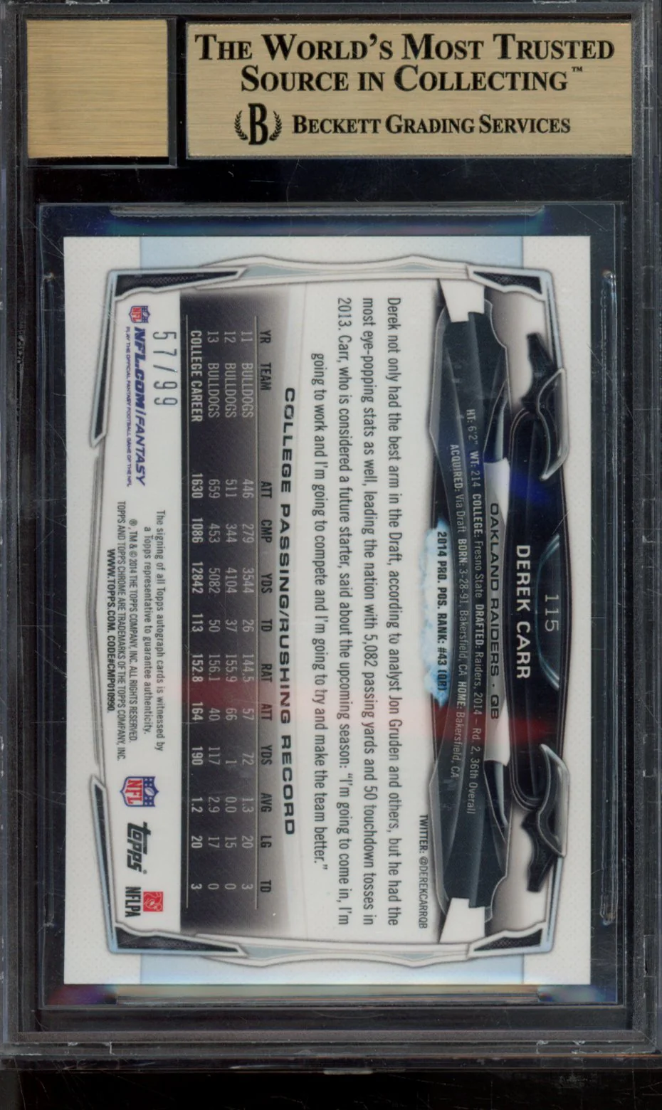 DEREK CARR 2014 TOPPS CHROME ROOKIE AUTOGRAPHS CAMO REFRACTORS BGS 9.5 - Image 2