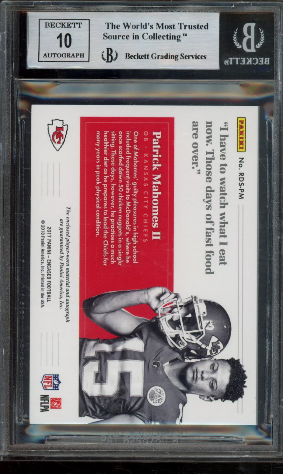 PATRICK MAHOMES II/25 2017 PANINI ENCASED ROOKIE DUAL SWATCH SIGNATURES BGS 8.5 - Image 2