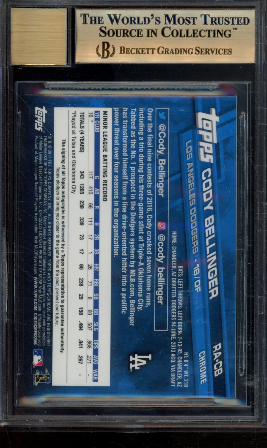 CODY BELLINGER 2017 TOPPS CHROME ROOKIE AUTOGRAPHS BGS 9.5 - Image 2