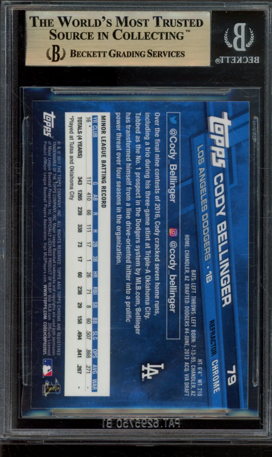CODY BELLINGER 2017 TOPPS CHROME REFRACTORS BGS 10 - Image 2