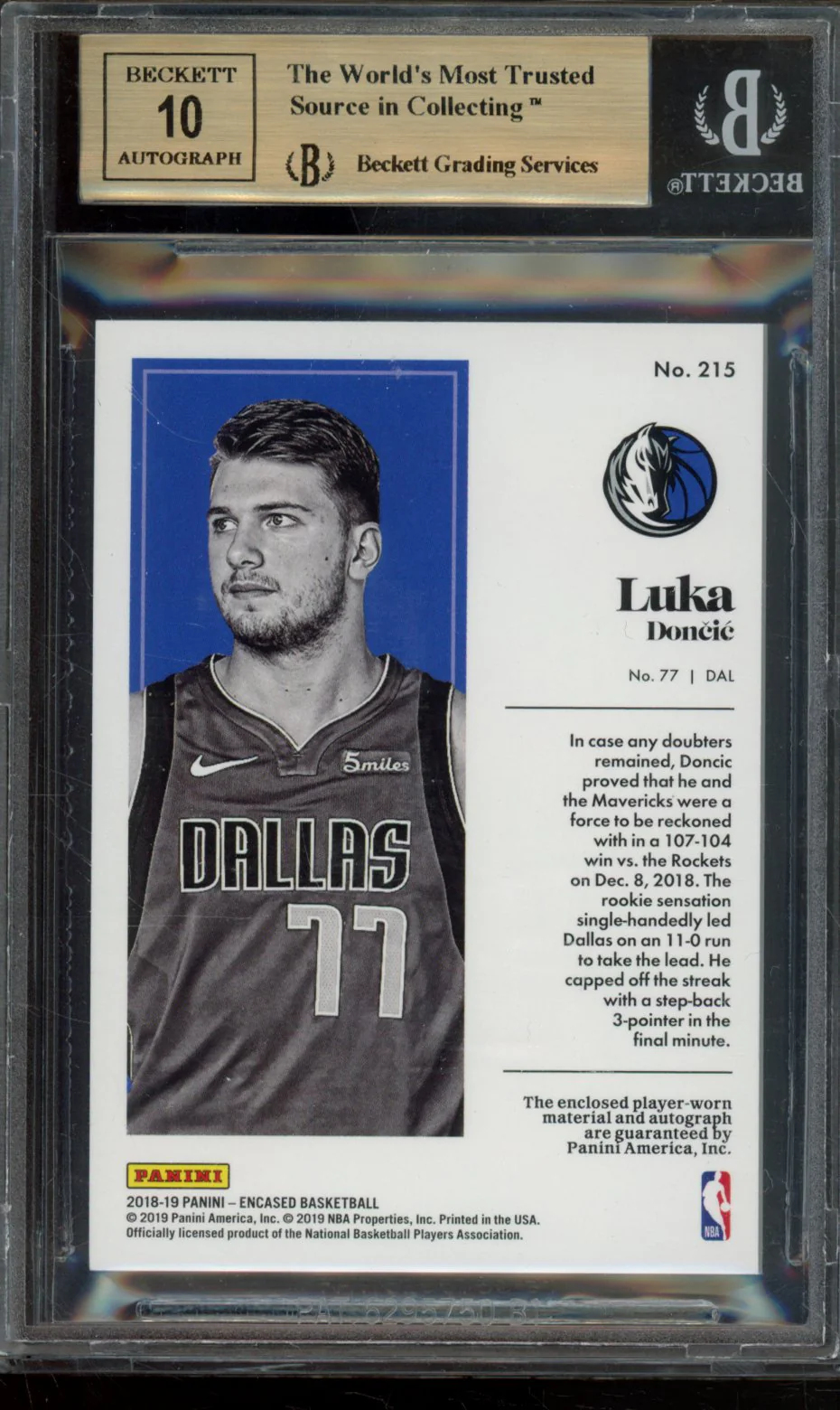 LUKA DONCIC JSY AU 2018-19 PANINI ENCASED BGS 9.5 - Image 2