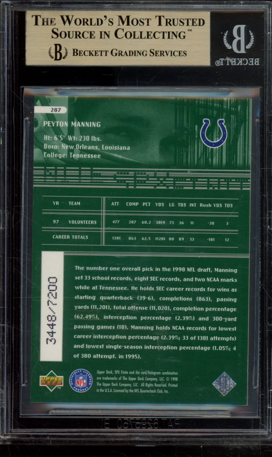 PEYTON MANNING ET 1998 SPX FINITE BGS 9.5 - Image 2