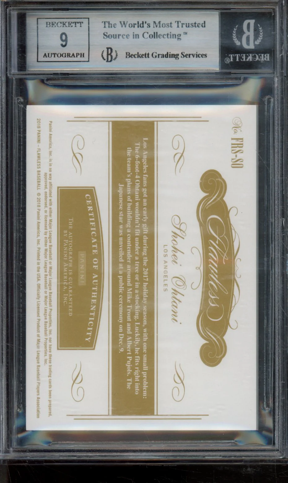 SHOHEI OHTANI 2018 PANINI FLAWLESS ROOKIE SIGNATURES BGS 9 - Image 2