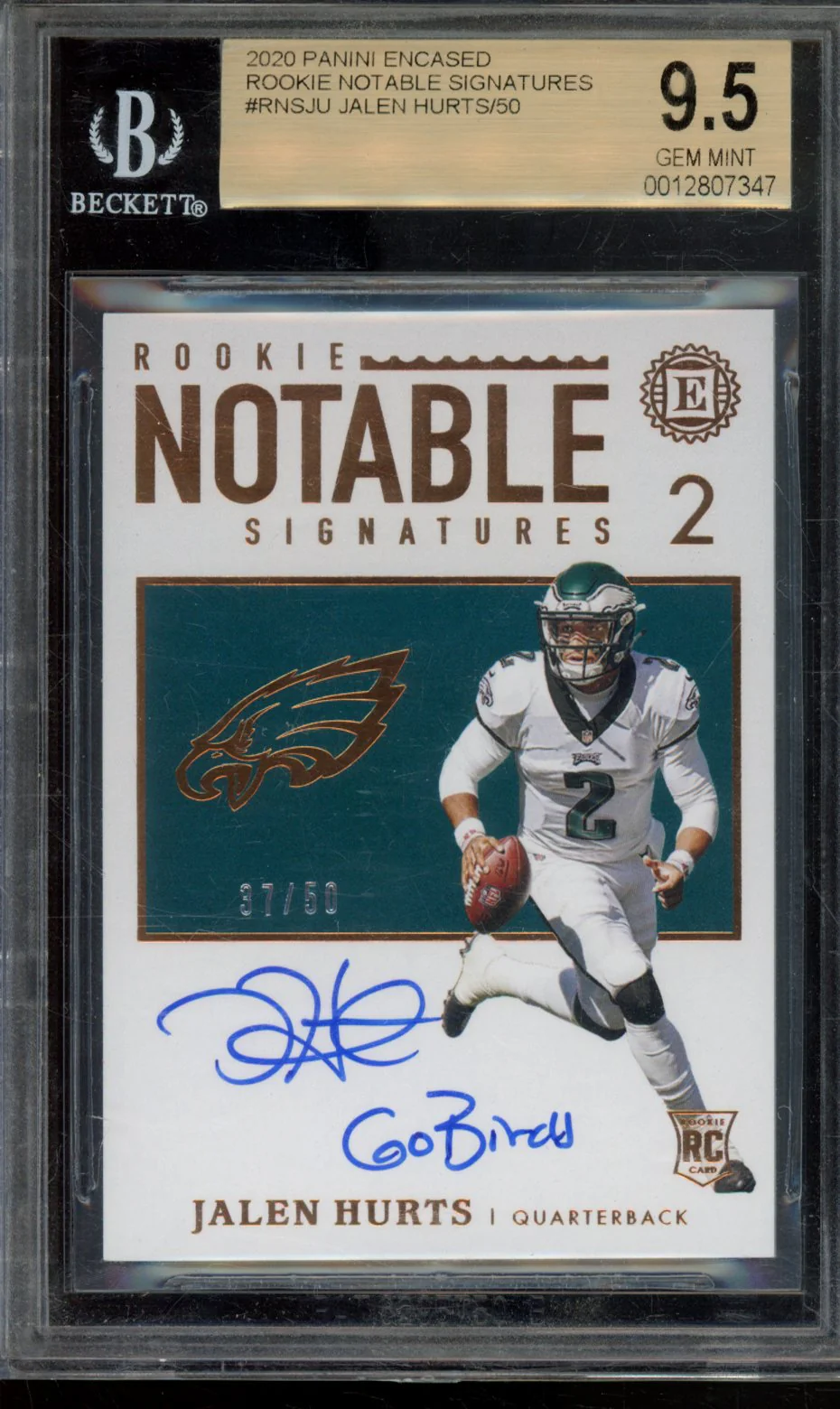 JALEN HURTS/50 2020 PANINI ENCASED ROOKIE NOTABLE SIGNATURES BGS 9.5