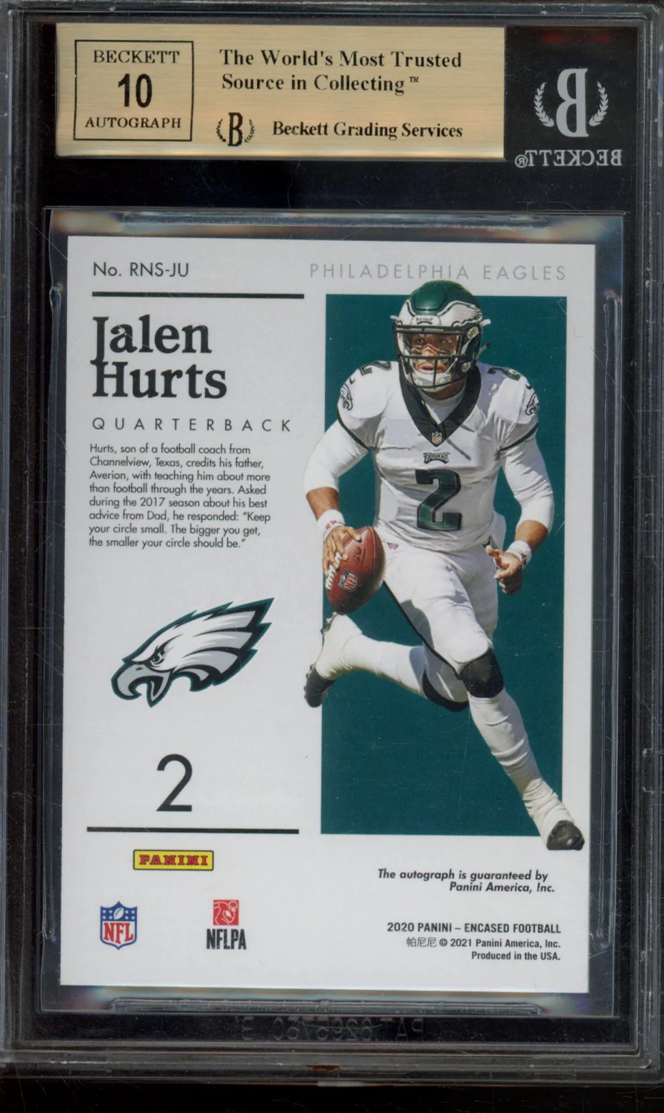 JALEN HURTS/50 2020 PANINI ENCASED ROOKIE NOTABLE SIGNATURES BGS 9.5 - Image 2