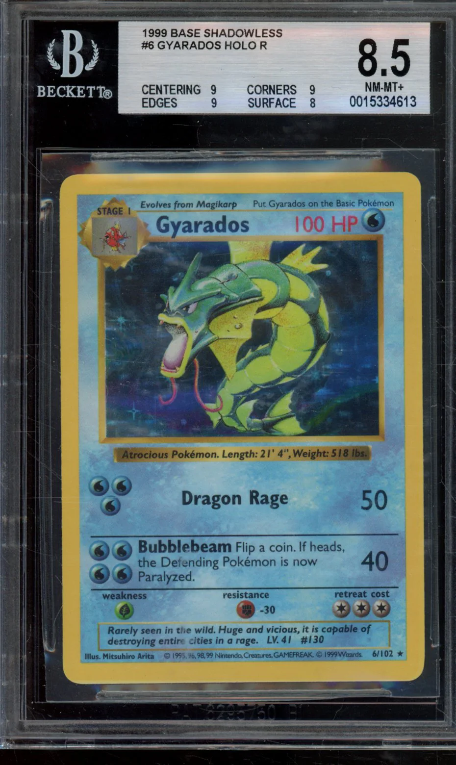 GYARADOS HOLO R 1999 POKEMON BASE SHADOWLESS BGS 8.5