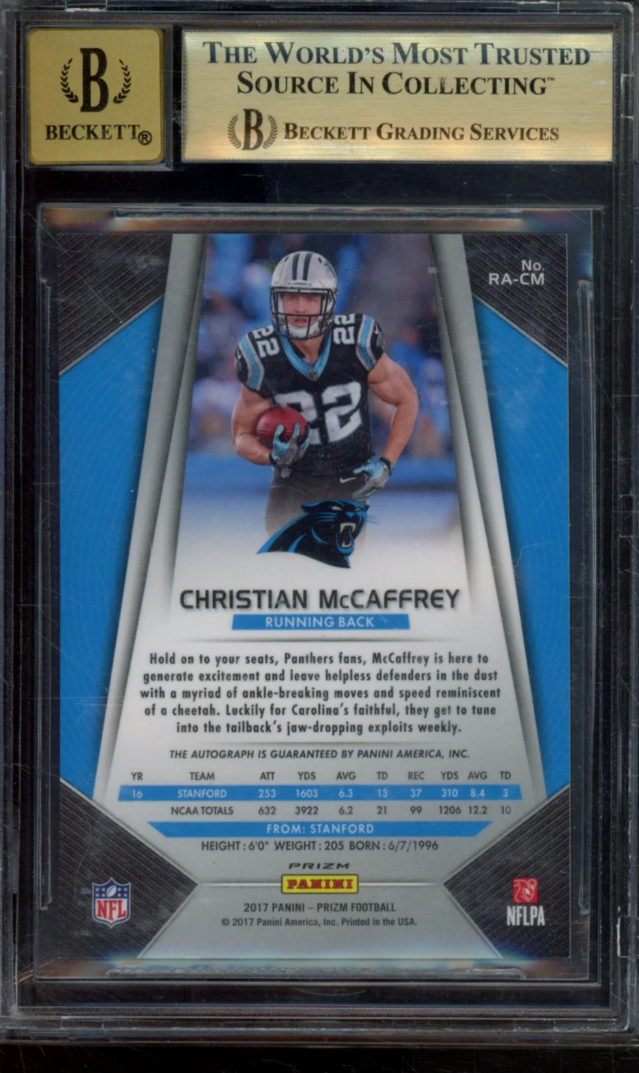 CHRISTIAN MCCAFFREY 2017 PANINI PRIZM ROOKIE AUTOGRAPHS PRIZMS BGS 9.5 - Image 2