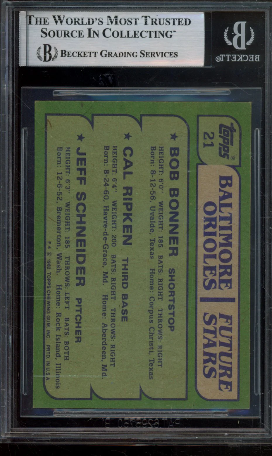 BOB BONNER RC/CAL RIPKEN RC/JEFF SCHNEIDER RC/BIRTHDATE FOR JEFF SCHEIDER IS WRONG 1982 TOPPS BGS 7.5 - Image 2