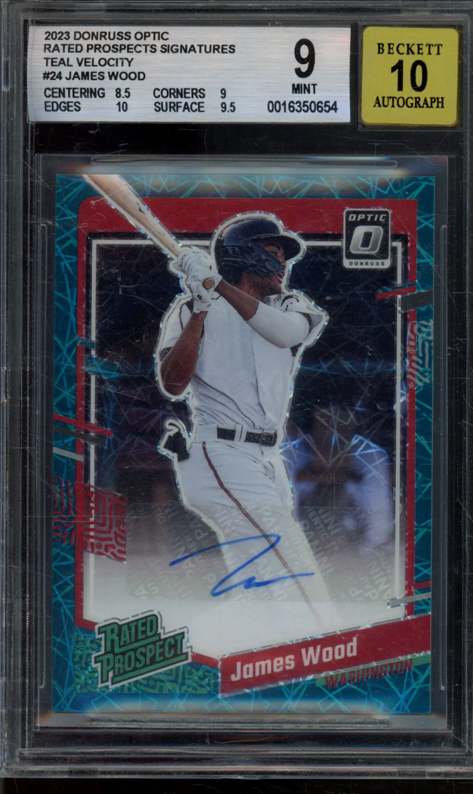 JAMES WOOD 2023 DONRUSS OPTIC RATED PROSPECTS SIGNATURES TEAL VELOCITY BGS 9