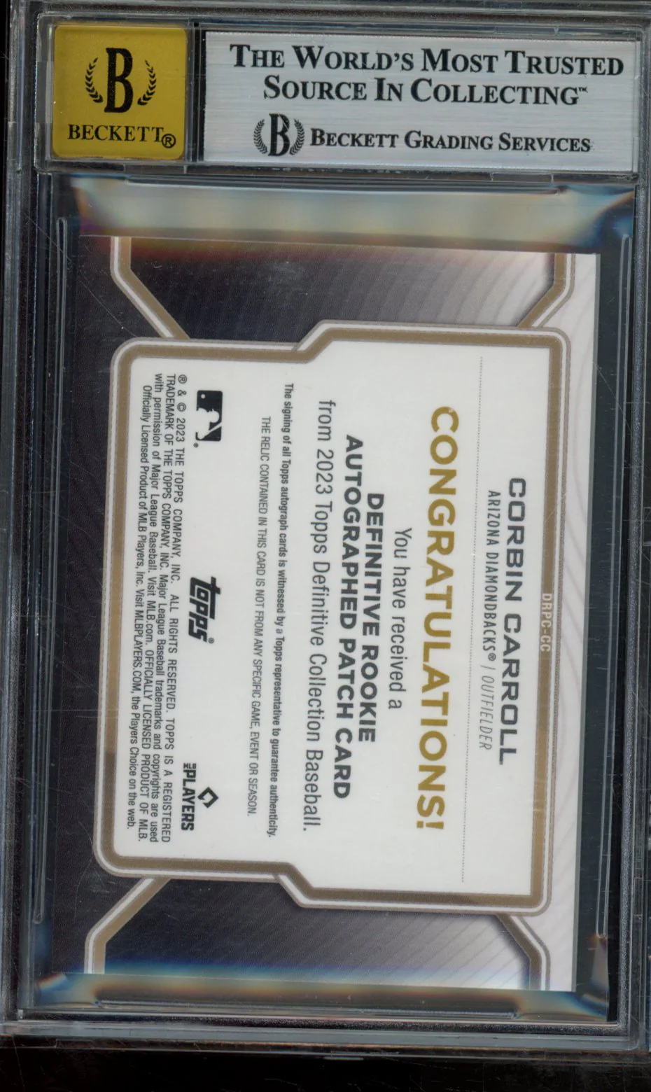 CORBIN CARROLL 2023 TOPPS DEFINITIVE COLLECTION ROOKIE PATCH AUTOGRAPHS BGS 9 - Image 2