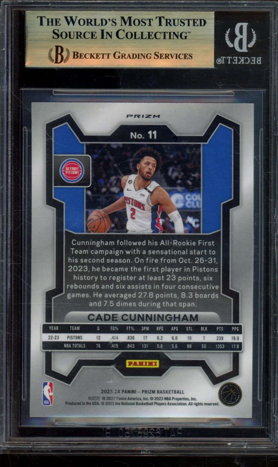 CADE CUNNINGHAM 2023-24 PANINI PRIZM PRIZMS ICE BGS 9.5 - Image 2