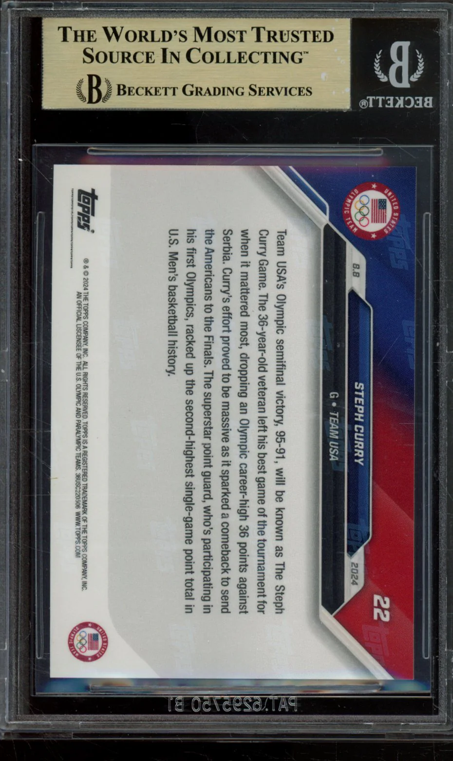 STEPH CURRY/88735* 2024 TOPPS NOW OLYMPIC GAMES BGS 10 - Image 2