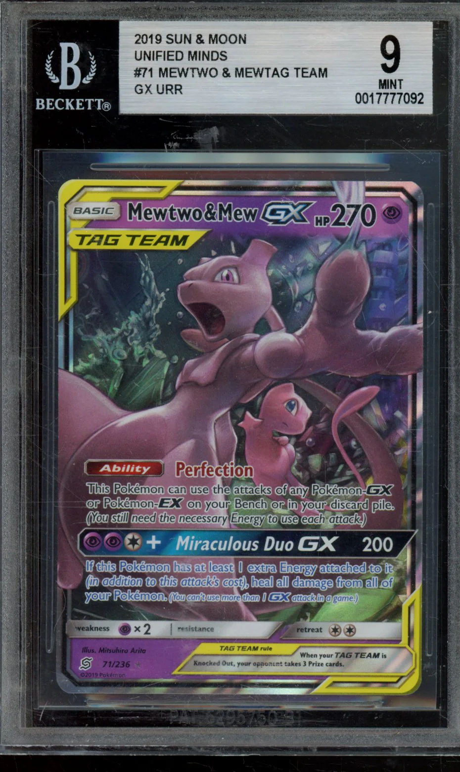 MEWTWO & MEW GX URR 2019 POKEMON SUN AND MOON UNIFIED MINDS BGS 9