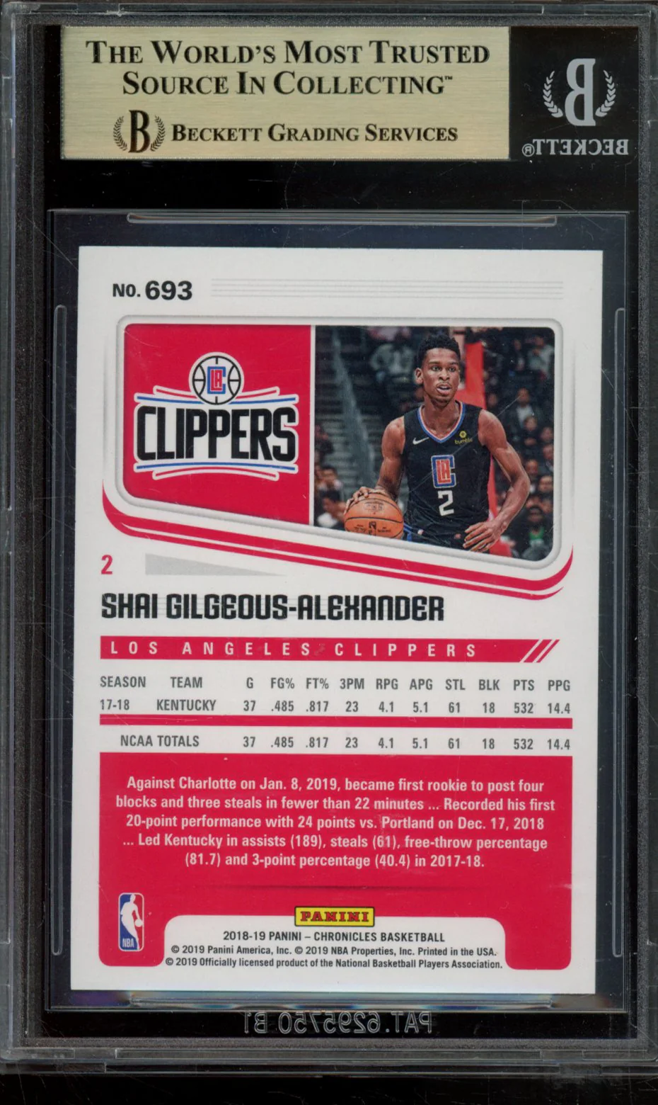 SHAI GILGEOUS-ALEXANDER/SCORE 2018-19 PANINI CHRONICLES BGS 10 - Image 2