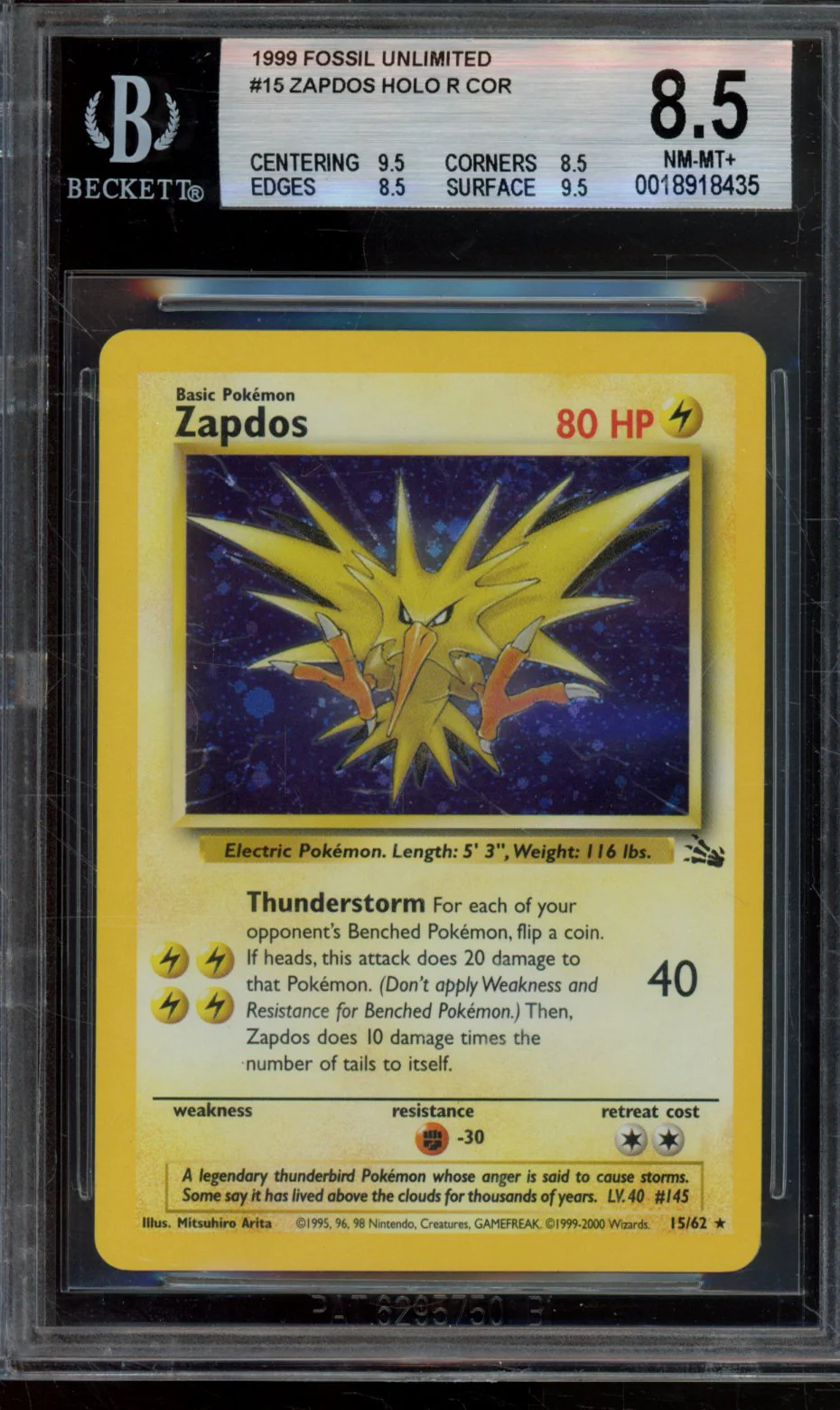 ZAPDOS HOLO R COR 1999 POKEMON FOSSIL UNLIMITED BGS 8.5