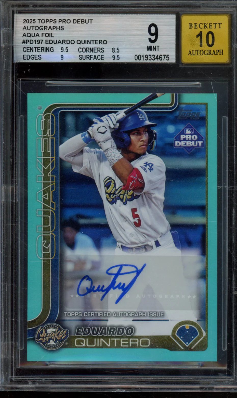 EDUARDO QUINTERO 2025 TOPPS PRO DEBUT AUTOGRAPHS AQUA FOIL BGS 9