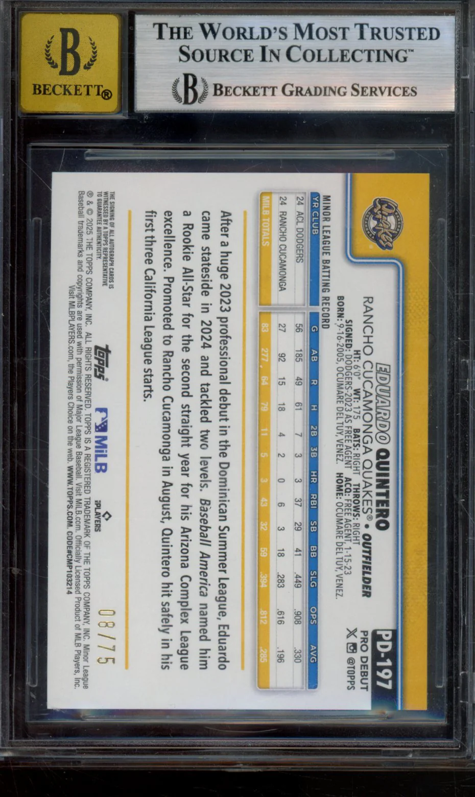 EDUARDO QUINTERO 2025 TOPPS PRO DEBUT AUTOGRAPHS AQUA FOIL BGS 9 - Image 2