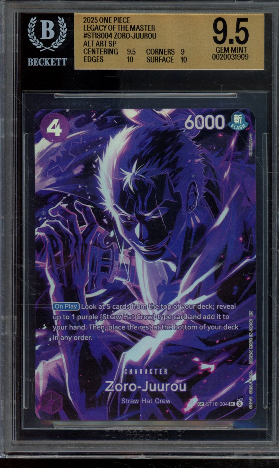 ZORO-JUUROU ALT ART SP 2025 ONE PIECE CARD GAME LEGACY OF THE MASTER BGS 9.5