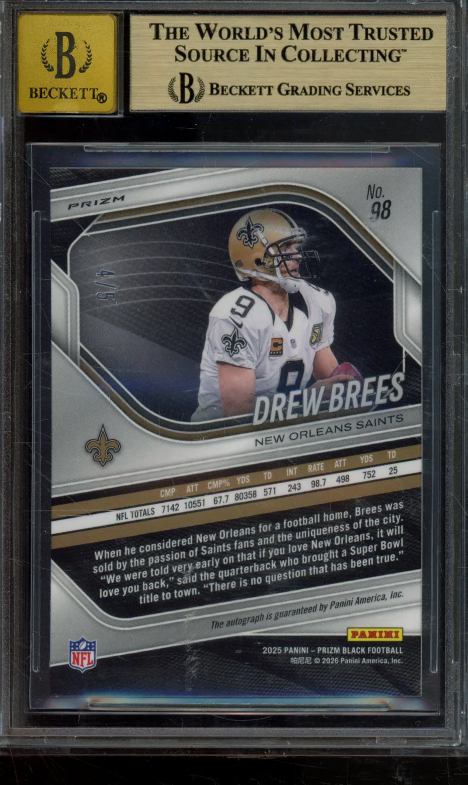 DREW BREES 2025 PANINI PRIZM BLACK AUTOGRAPHS PRIZMS GOLD VINYL FOTL BGS 9.5 - Image 2