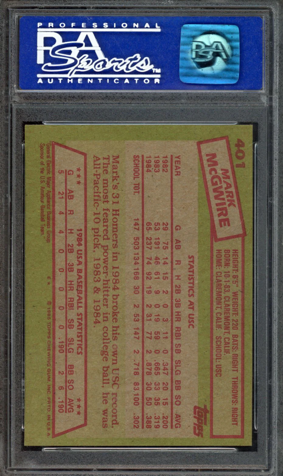 1985 TOPPS #401 MARK McGWIRE 1984 USA BASEBALL TEAM PSA 8 - Image 2