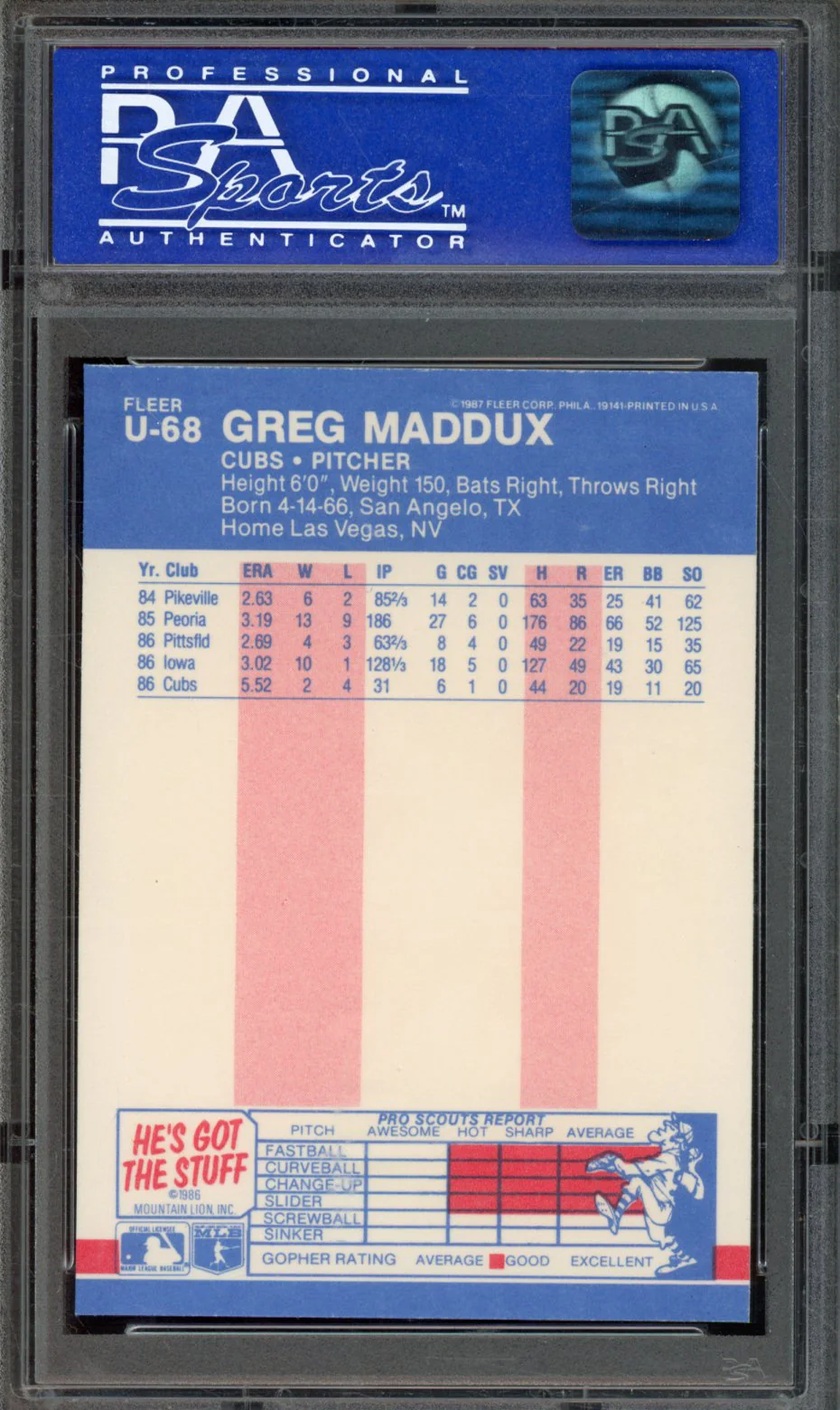 1987 FLEER UPDATE #U-68 GREG MADDUX PSA 9 - Image 2